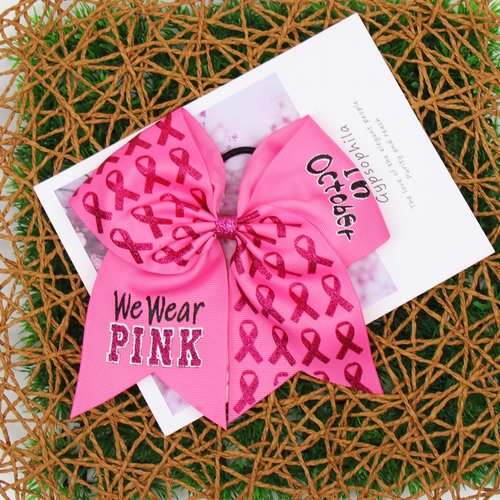 Subesty 4 Count Hair Tie, Large Breast Cancer Awareness Girls Cheerleader Hair Bow, 7 inch Grosgrain Ribbon, Set of 4, Pink, Elastic Ponytail Holder Style
