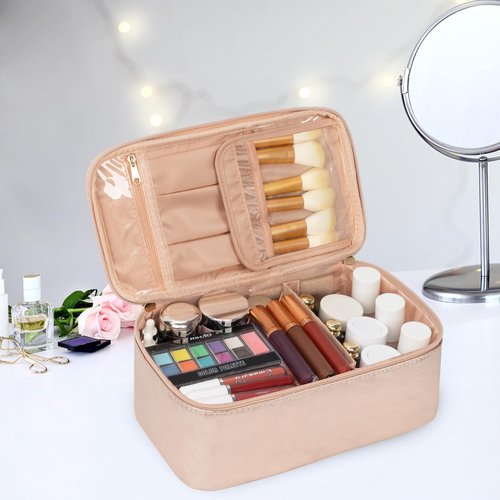 OCHEAL Makeup Bag,Vegan Leather Makeup Organizer Bag,Travel Essentials Cosmetic Bag Make Up Bag Small Makeup Case Toiletry Bag for Women,Compact Capacity for Daily Use, Double Zippers -Rose Gold