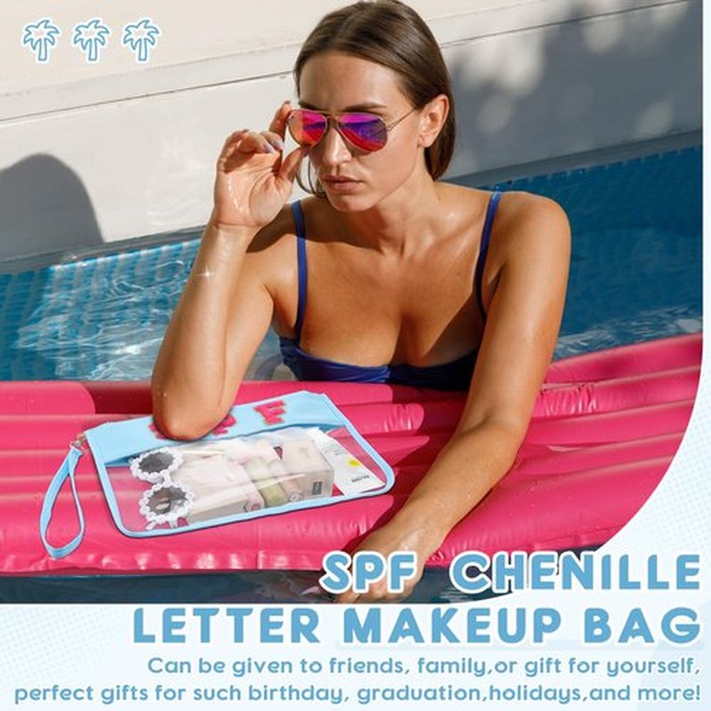 Hillban 2 Pcs Clear SPF Makeup Bag Chenille Letter Patch Sunscreen Bag Preppy Pouch Clear Cosmetic Toiletry Bag Zipper Purse Summer Beach Pool Sunscreen Bag(Spf Theme)