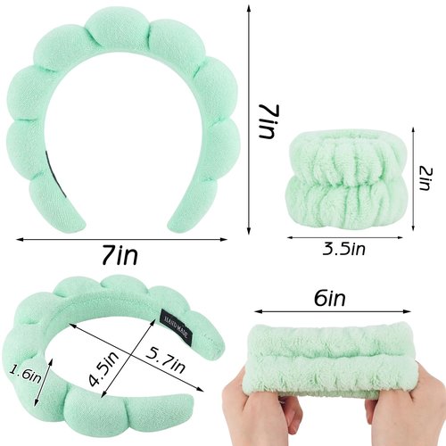 Zkptops Spa Headband for Washing Face Wristband Set Sponge Makeup Skincare Terry Cloth Bubble Soft Get Ready Hairband for Women Girl Puffy Padded Headwear Non Slip Thick Hair Accessory(Light Green)