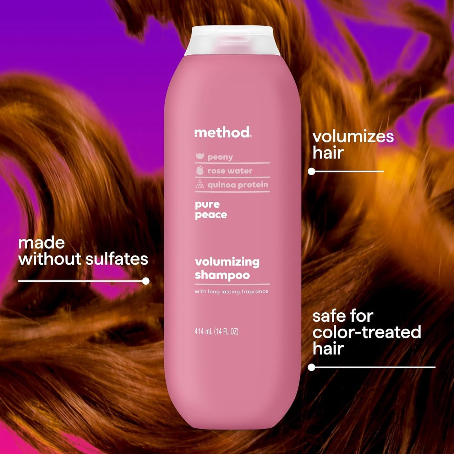 Method Volumizing Shampoo, Pure Peace with Rose, Peony, and Pink Sea Salt Scent Notes, Paraben and Sulfate Free, 14 oz (Pack of 3)