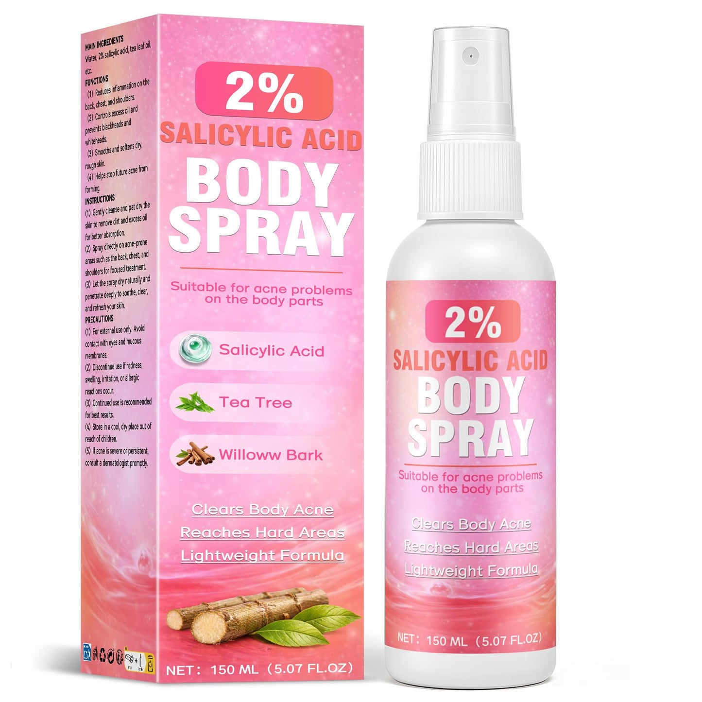 2% Salicylic Acid Spray, 360°Acne Spray, Targets Blemishes, Blackheads, Reduces Body Breakouts, Pore Clarifying, Ideal for Back, Chest, Shoulders, All Skin Types, 5.07 fl.oz