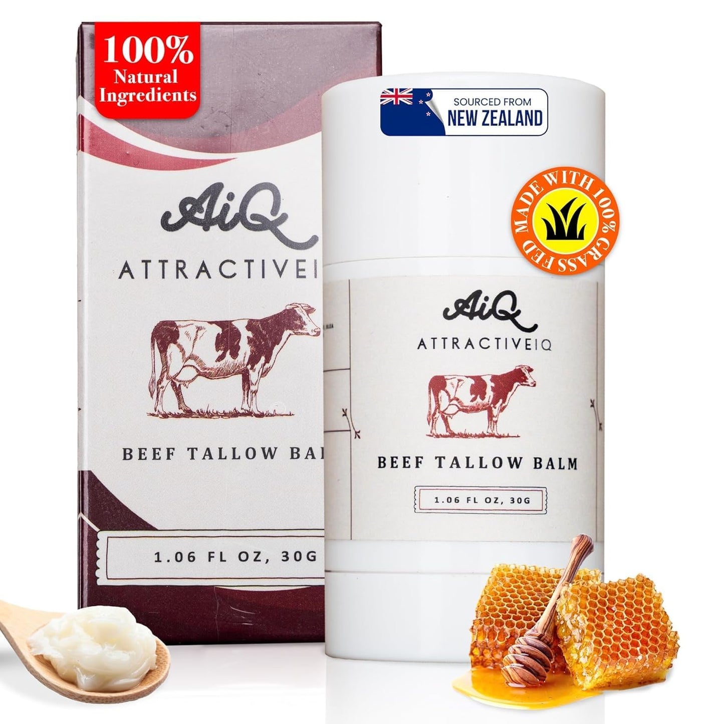 AttractiveIQ Beef Tallow for Skin – Grass-Fed Tallow Balm Stick Moisturizer with Raw Honey, Vitamin E & Olive Oil – Natural Face & Body Moisturizer for Dry, Sensitive Skin (1.06 oz)