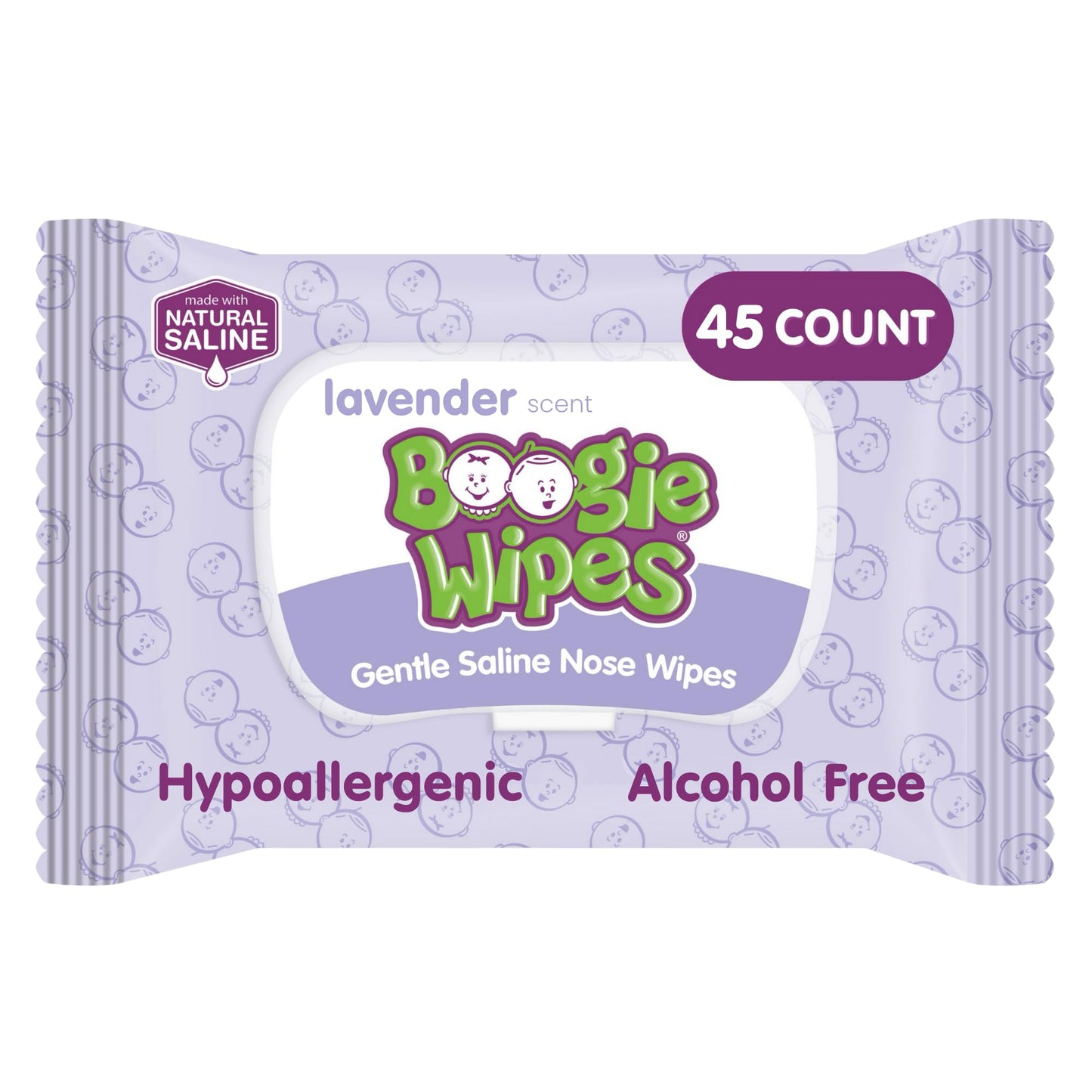 Boogie Wipes Gentle Saline Nose Wipes - 45 Count - Lavender Scent, Hypoallergenic & Alcohol-Free - Allergy Relief - Made with Natural Saline, Aloe, Chamomile & Vitamin E - Diaper Bag Essential