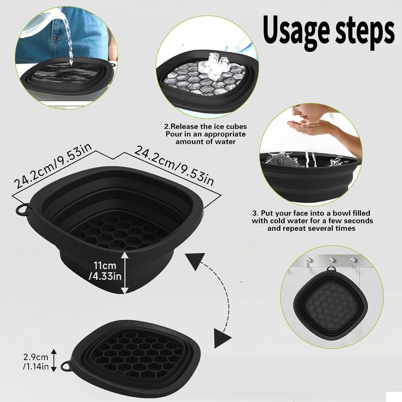 Face Ice Bowl with Built-in Ice Tray - Collapsible Silicone Cold Plunge Therapy for Skin Tightening | Portable Spa Tool (Black)