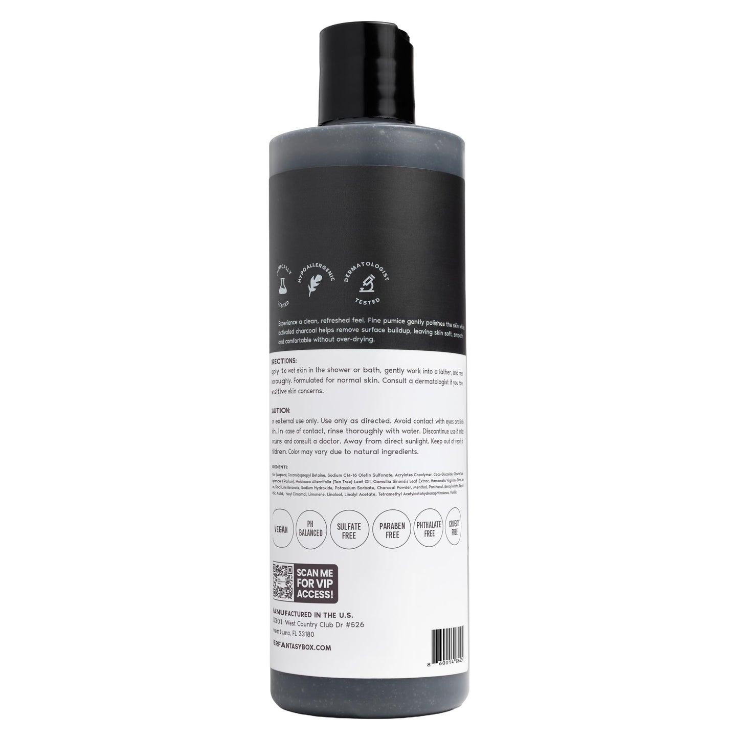 Her Fantasy Box | Charcoal Detox Exfoliating Body Wash – Activated Charcoal & Pumice Deep Cleanser with Tea Tree & Eucalyptus, Refreshing Exfoliation for Smoother Skin, Vegan & pH Balanced (16 oz)