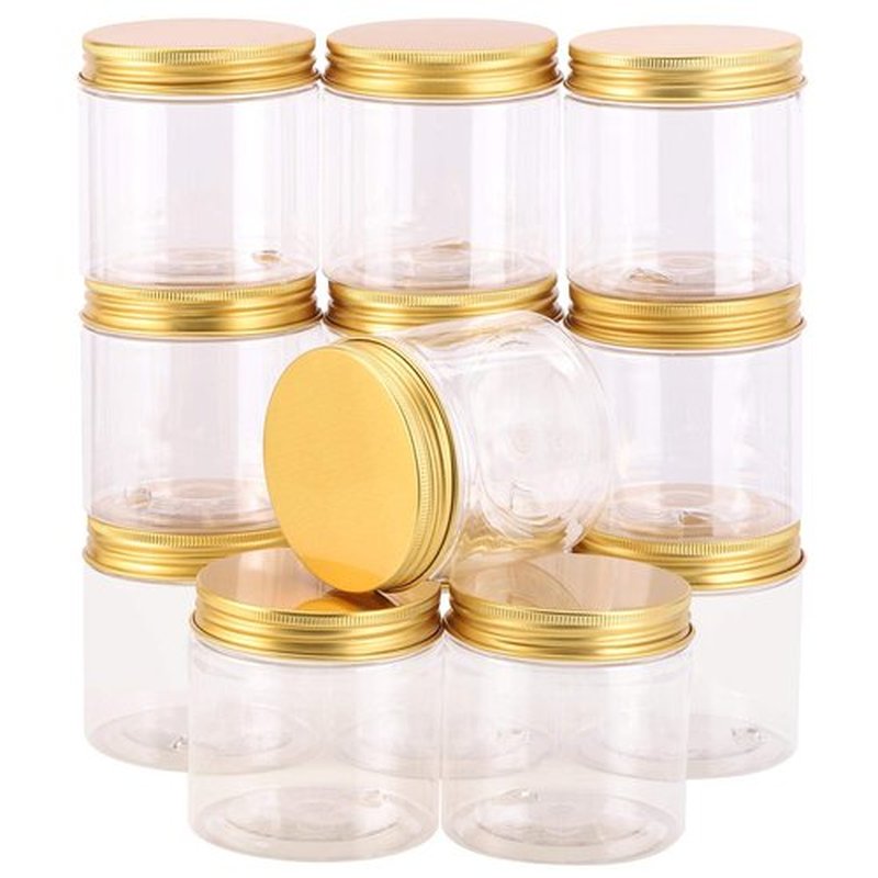 Tecbeauty 12-Pack 200ml Clear Plastic Jars with Lids, Refillable Empty Round Containers for Cosmetics, Lotions, Gold