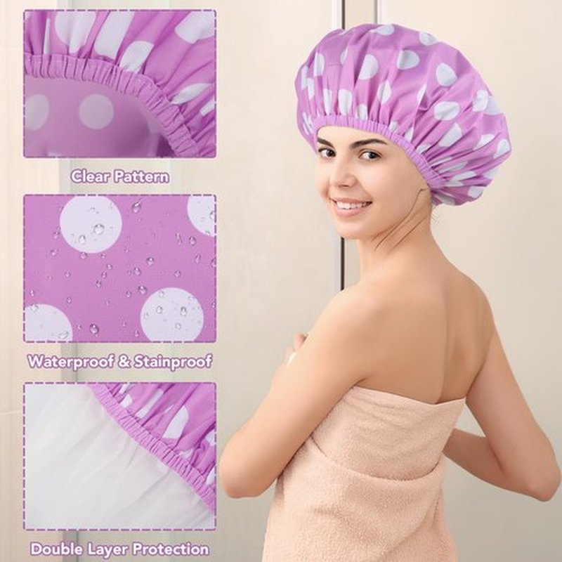 2 Sets Large Shower Caps for Women, Waterproof Shower Cap Double Layers Bath Caps Stocking Stuffers for Women Long Thick Hair (Purple/Orange)