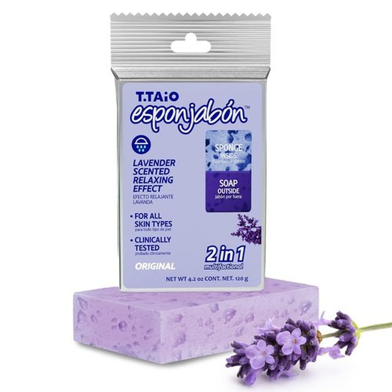 T.Taio Esponjabon Soap Sponge - Cleansing Shower Scrubber - Cleaning Bath Wash Scrub - Oil Removal - Massage & Lather Foot, Elbow, & Face - Bathroom Accessories - Fresh Lavender Scent