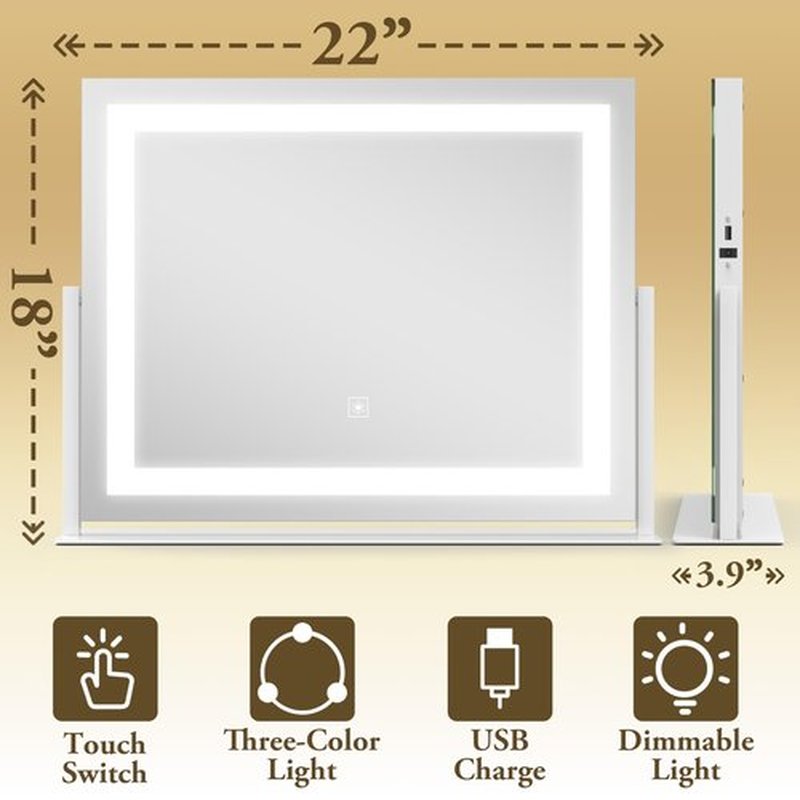 FENNIO Vanity Mirror with Lights 22''x18'' Makeup Mirror with Lights,Lighted Makeup Mirror with 10X Magnification and USB，Smart Touch Screen with 3-Color Lighting,Dimmable（Square White）