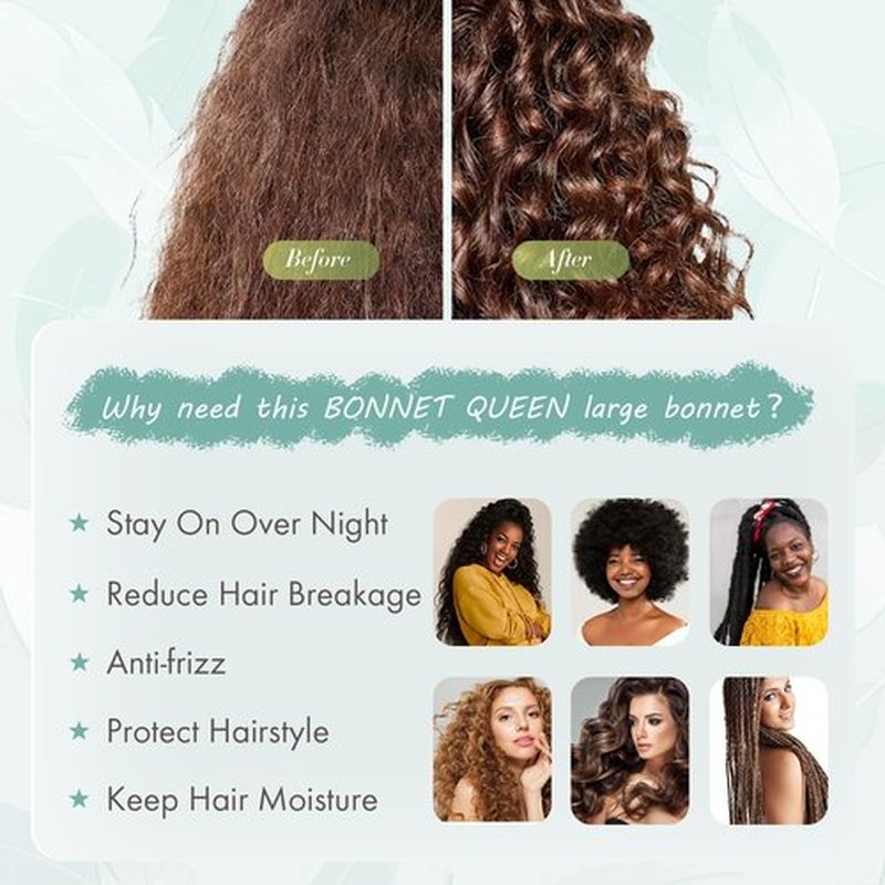 BONNET QUEEN Large Satin Bonnet Silk Bonnet for Sleeping Women Hair Bonnet Big Bonnet Night Sleep Cap Scarf Wrap for Curly Hair with Tie Band Green