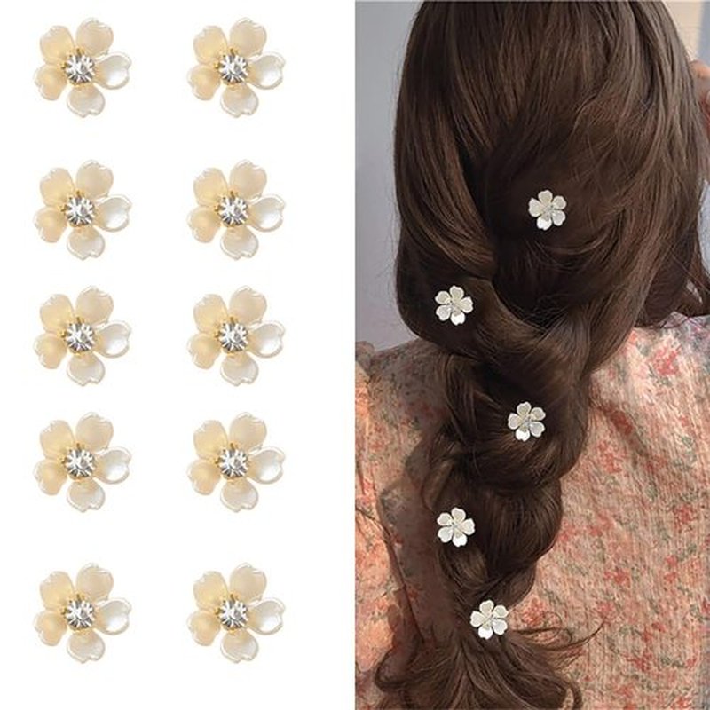 10pcs Mini Flower Hair Clip - Hair Styles DIY Accessories with Rhinestone Designs White Flower Hair Button Hair Ring for Thin/Thick Hair, Cute Small Flower Claw Hair Clips Hair Barrettes