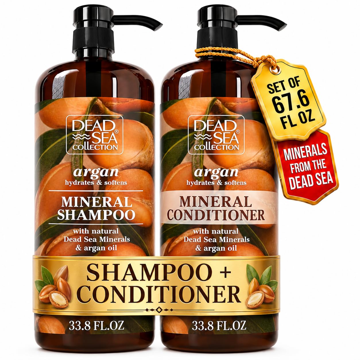 Dead Sea Collection Shampoo and Conditioner Set with Argan Oil – Hydrating Softening Hair Products with Dead Sea Minerals for All Hair Types – Set of 2 Bottles (33.8 & 30.6 Fl. Oz.)