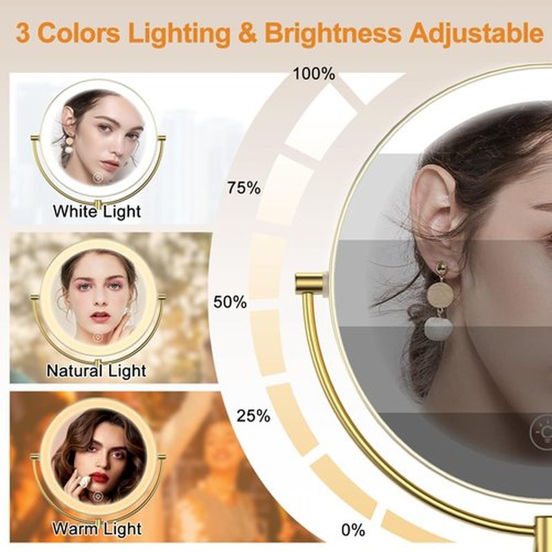 Gospire 9” Wall Mounted Lighted Makeup Vanity Mirror with 3 Color Lights & Stepless Dimming, 1X/10X Magnifying LED Double Sided Bathroom Touch Sensor Extendable Arm 360° Swivel Shaving Gold Mirror
