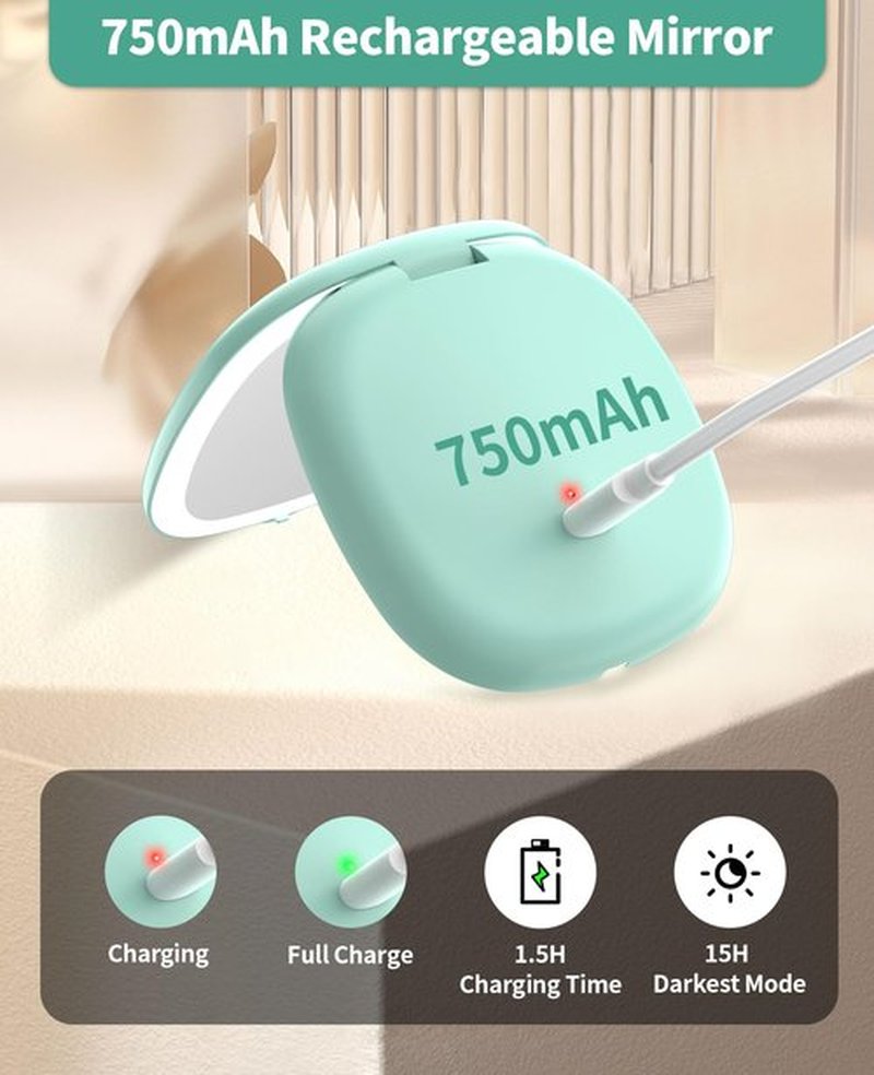 wobsion Lighted Makeup Mirror with Magnification,Rechargeable 1x/10x Travel Mirror,Portable Comapct Folding Mirror for Bag,Gift,Cyan