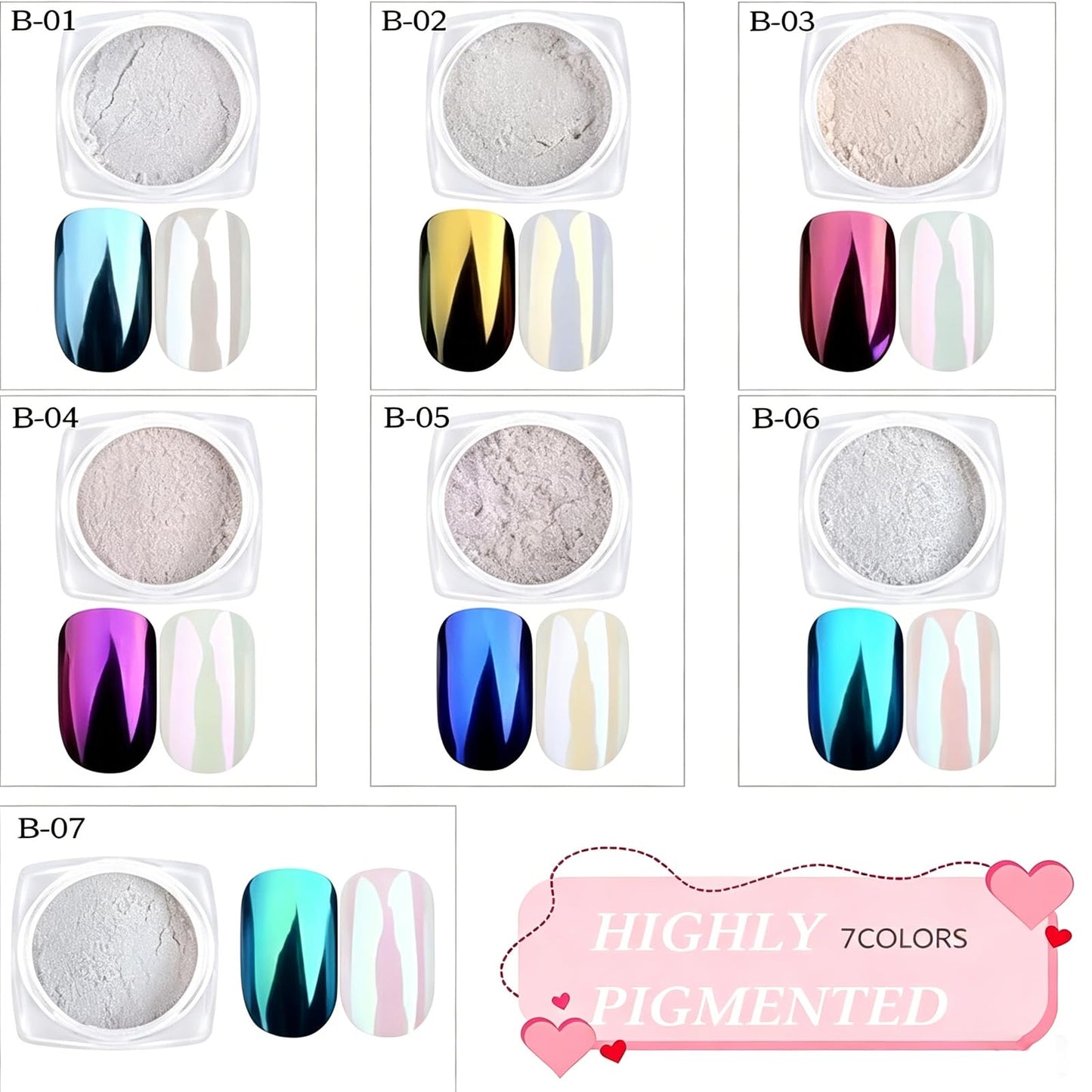 7 Colors Chrome Nail Powder Set, Nail Chrome Bulk,White Pearl Iridescent Aurora Metallic Mirror Effect Dip Nail Powder Kit, Gel Polish Holographic Mermaid Pigment, Resin Craft,Nails Art Gift for Women