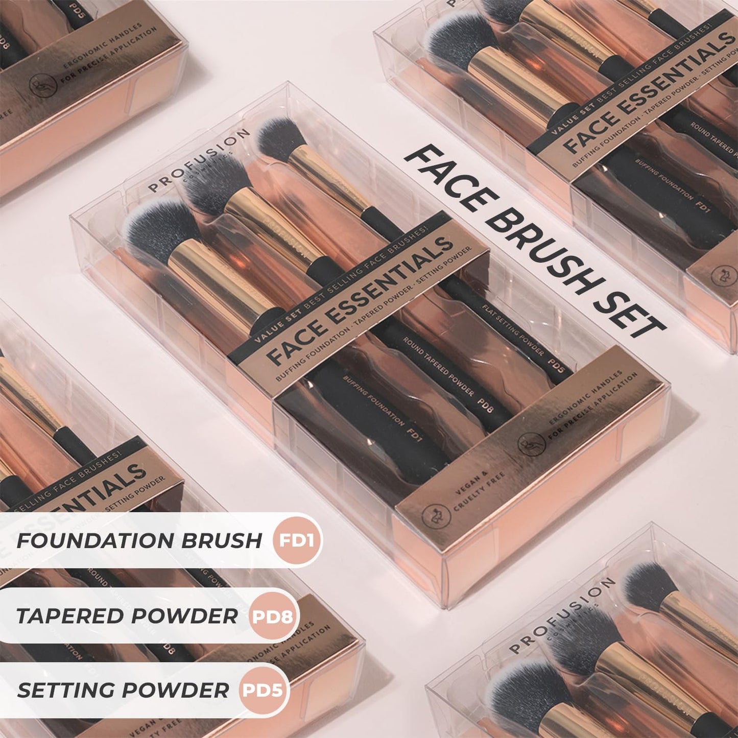 Profusion Cosmetics Face Brush Set - 3-Piece Vegan Makeup Tools for Foundation, Powder & Setting
