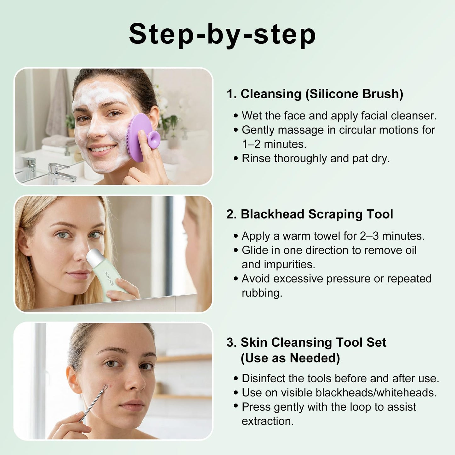 HUGJOG Blackhead Remover Tools for Face, Black Head Remover for Nose, 304 Stainless Steel Pore Extractor Spatula for Deep Pore Cleaning with Soft Silicone Cleansing Brush & 4 Blackhead Needles