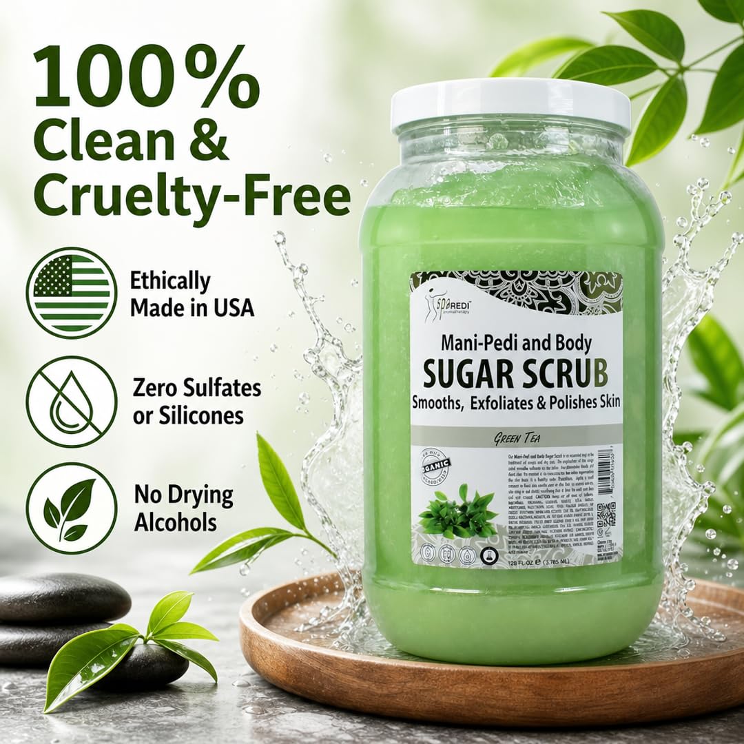 SPA REDI Green Tea Exfoliating Body Scrub – Sugar & Botanical Glycolic Callus Remover for Feet & Dry Skin | Sulfate-Free, Silicone-Free, Cruelty-Free | Professional Salon & At-Home Use | 128 oz