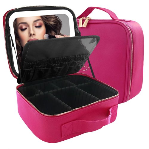 MOMIRA Makeup Bag with Mirror and Light Travel Makeup Train Case Cosmetic Bag Organizer Portable Artist Storage Bag with Adjustable Dividers Makeup Brushes Storage Organizer Rose red