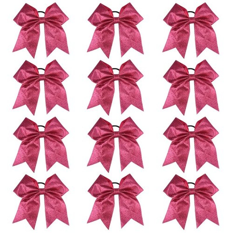 DEEKA 12 PCS 7" Large Glitter Cheer Bows Shiny Cheer Hair Bows Ponytail Holder Handmade for Cheerleader Girls Softball Sports -Pink