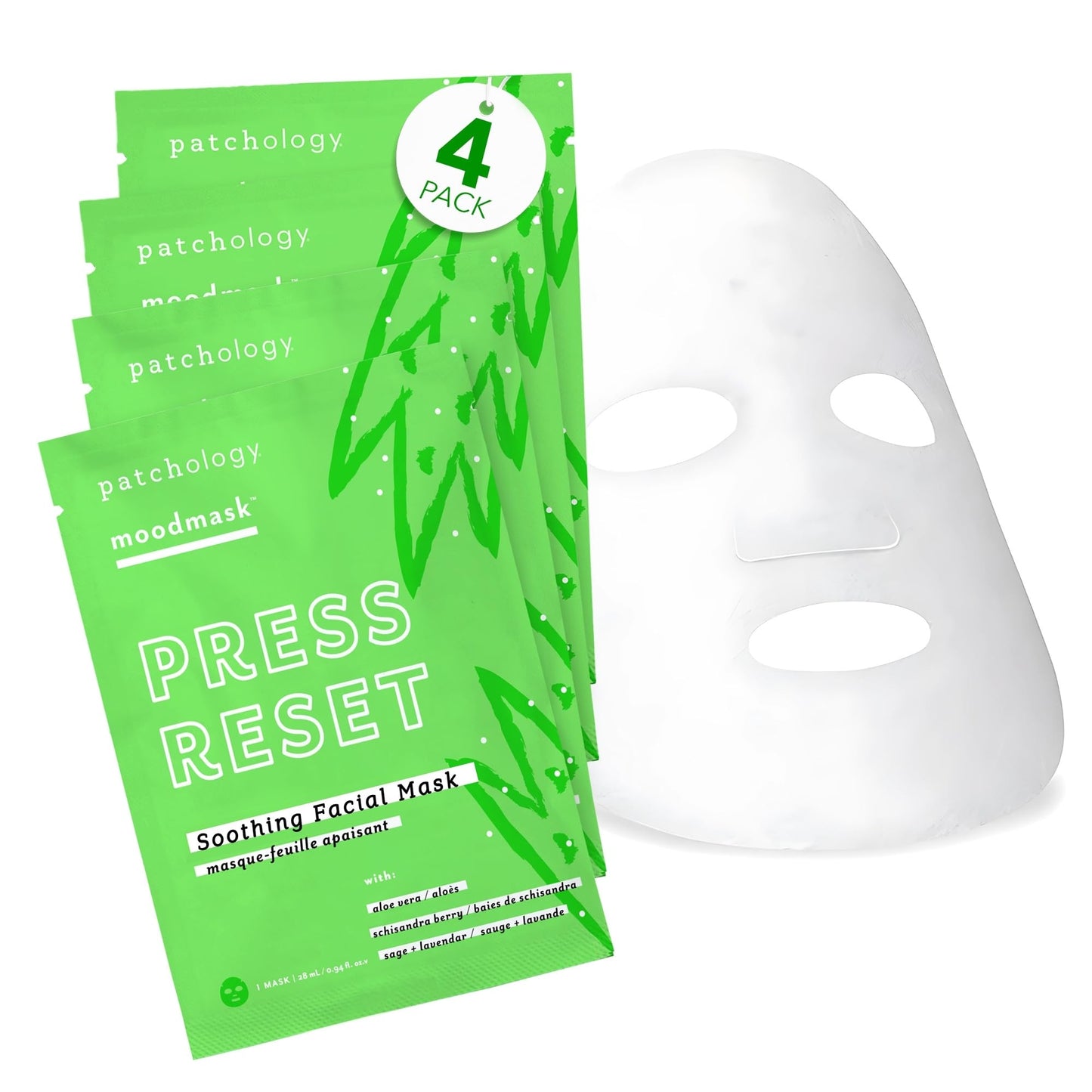 Patchology Press Reset Aloe Vera Face Mask - Moisturizing Facial Sheet Masks w/ Lavender & Vitamin B5 for Skin Relaxation & Revitalization - Ideal Skincare Solution for Sun-Exposed Skin (4 Count)
