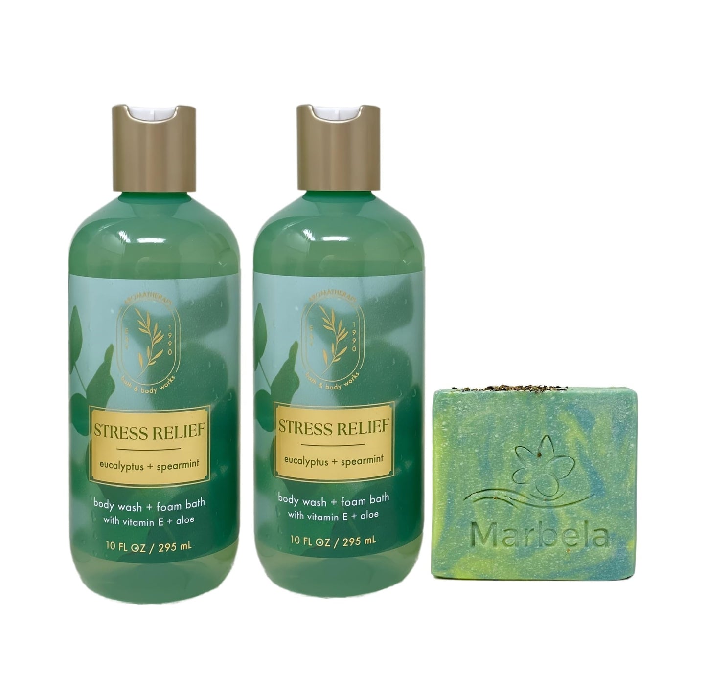 Bath & Body Works Aromatherapy Stress Relief Eucalyptus Spearmint - 2 Body Wash + Foam Bath - with a Fresh Forest Bar Soap