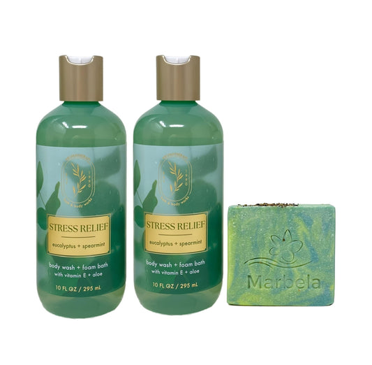 Bath & Body Works Aromatherapy Stress Relief Eucalyptus Spearmint - 2 Body Wash + Foam Bath - with a Fresh Forest Bar Soap