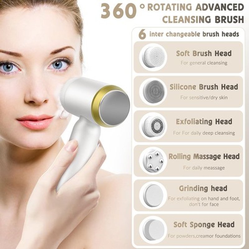 Landmore Facial Cleansing Brush, 8 in 1 Spin Face Wash Brush Rechargable Waterproof Face Scrubber with 6 Brush Heads, 3 Speeds for Deep Cleansing, Exfoliator, Thermal & Cold Massager Skin Care, White