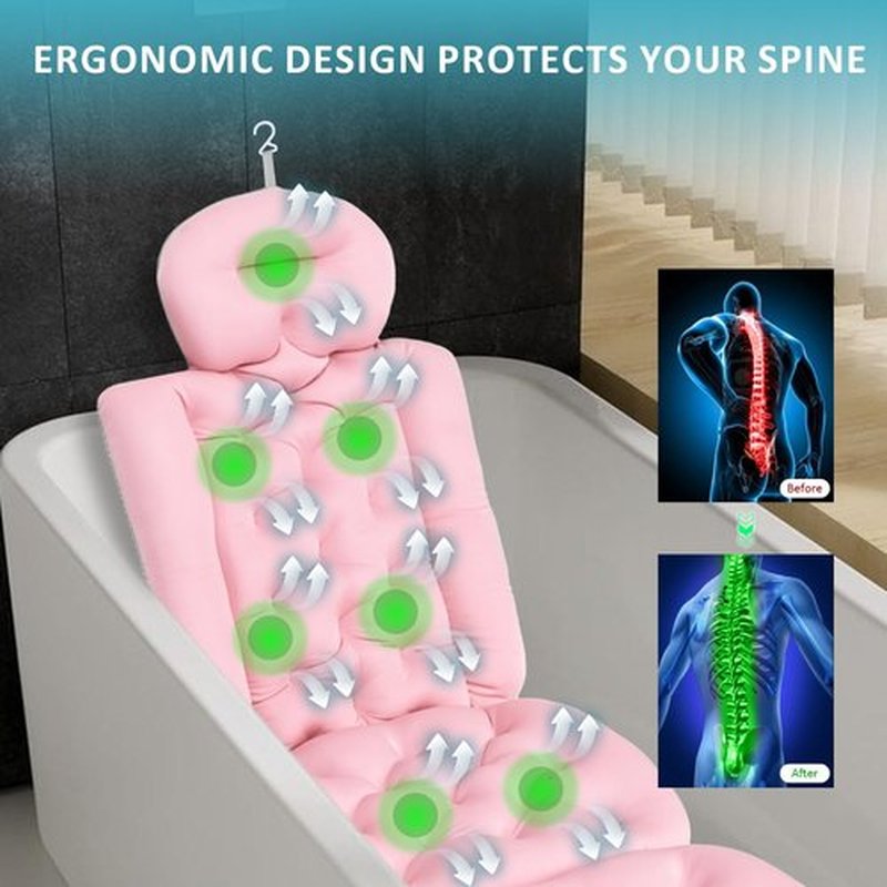 Luxury Full Body Bath Pillow for Bathtub, Bath Pillows for Tub with Mesh Laundry Bag & Non-Slip Suction Cups, Cushion for Bathtub Headrest Neck Back Support - 5D Air Mesh & Quick Drying | Pink