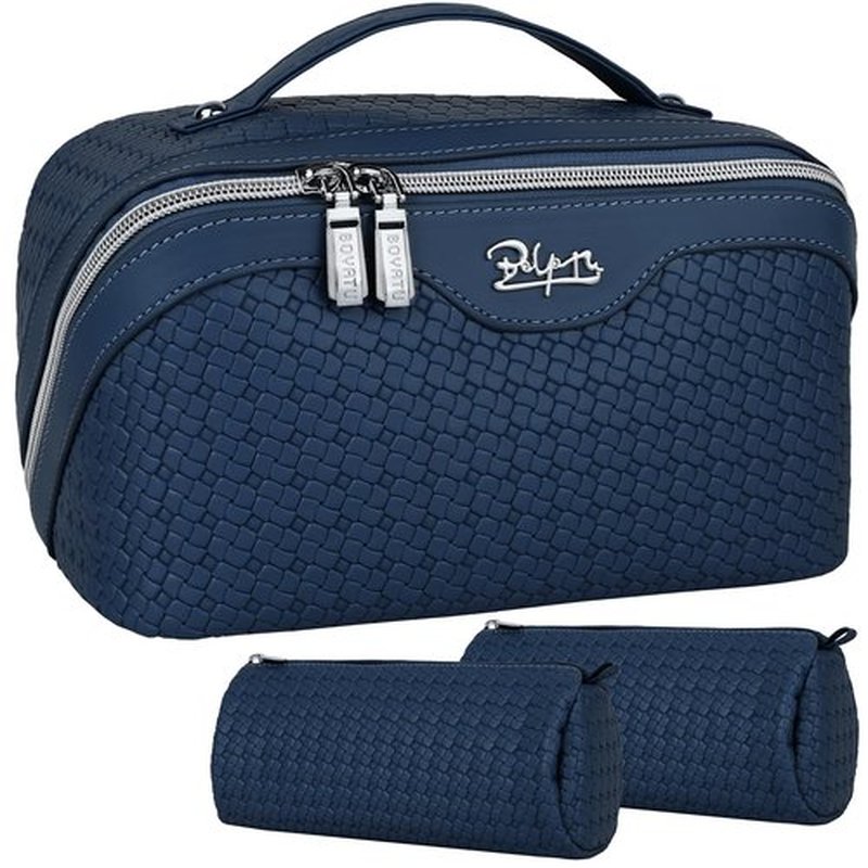 Travel Makeup Bags Cosmetic Organizer Bag: Large Capacity Make up Bag Set of 3 - Vegan Leather Woven Toiletry Bag for Women - Portable Makeup Organizer with Compartments & Handle & Divider Blue