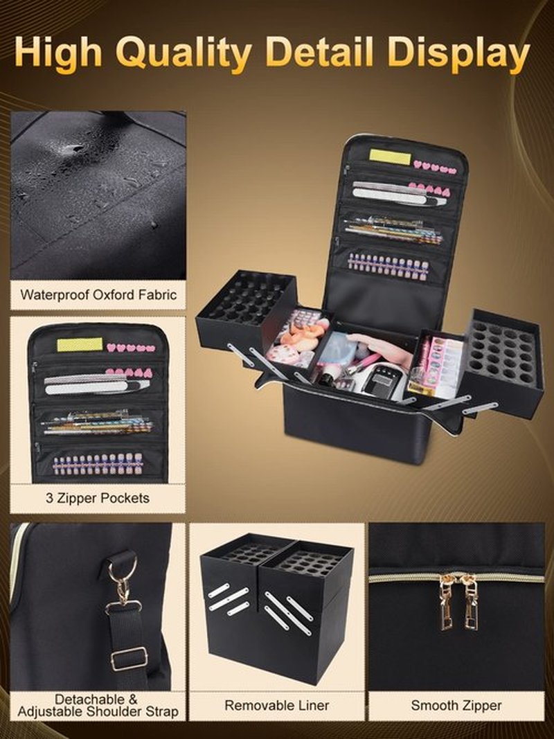 Deciniee Large Makeup Travel Train Case, Upgraded Plus Size Nail Supply Organizers and Storage for Nail Tech, Black 4 Tier Cosmetic Train Case Makeup Box, Nail Polish Makeup Organizer and Storage Bag