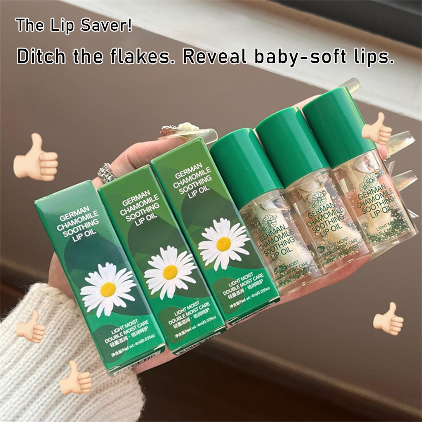 3 Pack Chamomile Lip Oil Set - Hydrating Glossy Lip Care with Natural Formula, Vegan & Cruelty-Free Clear Lip Gloss for Dry Lips, Nourishing Essential