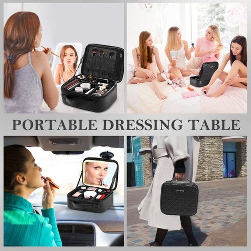 PEEH Travel Makeup Bag with Mirror of LED Lighted, Makeup Train Case with Adjustable Dividers and 10x Magnifying Mirror, Cosmetics Organizer for Women (Black)