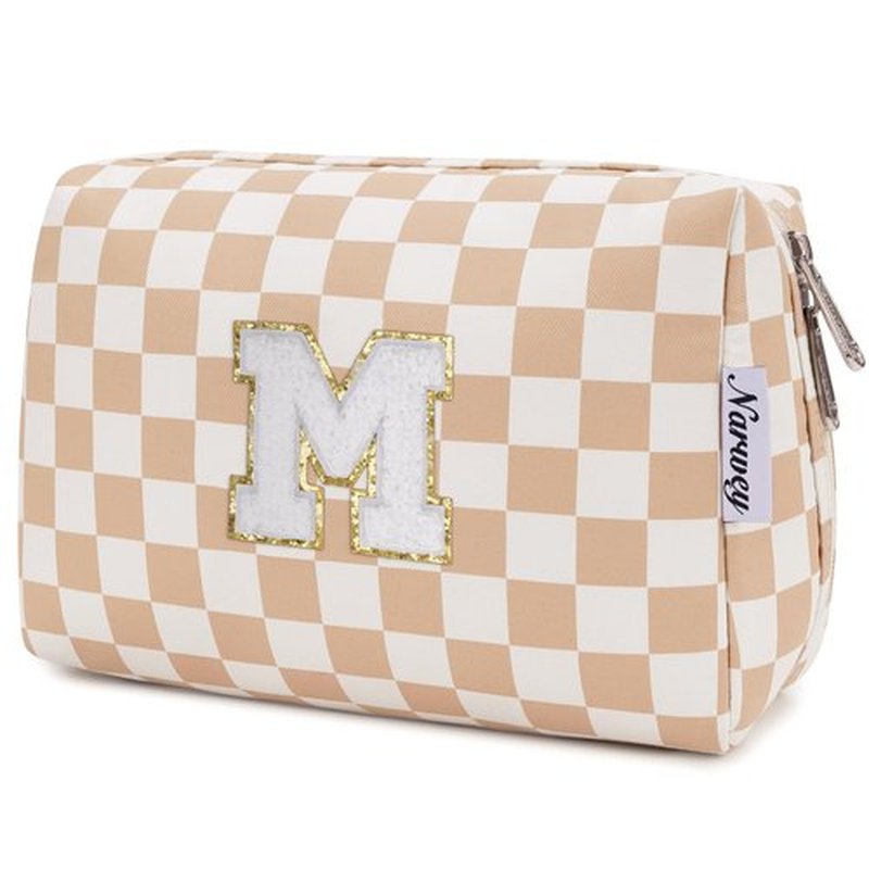 Narwey Personalized Initial Makeup Bag Toiletry Bag Gifts for Women Girls Large Checkered Makeup Bag Zipper Pouch Travel Cosmetic Bag Organizer for Women (Light Checkerboard Letter M)