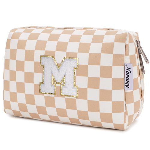 Narwey Personalized Initial Makeup Bag Toiletry Bag Gifts for Women Girls Large Checkered Makeup Bag Zipper Pouch Travel Cosmetic Bag Organizer for Women (Light Checkerboard Letter M)