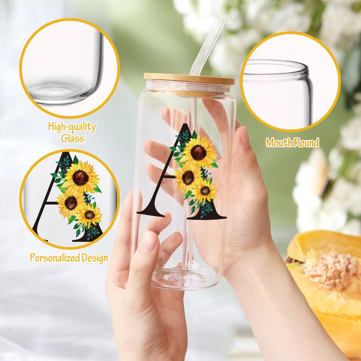Frerdui Birthday Gifts for Women, Initial Glass Cups w Lids and Straws, Sunflower Gifts for Women, Personalized Gift, 16oz Glass Tumbler Cups W/Straw Lid, Monogrammed Mothers Day Gift for Her Mom - A