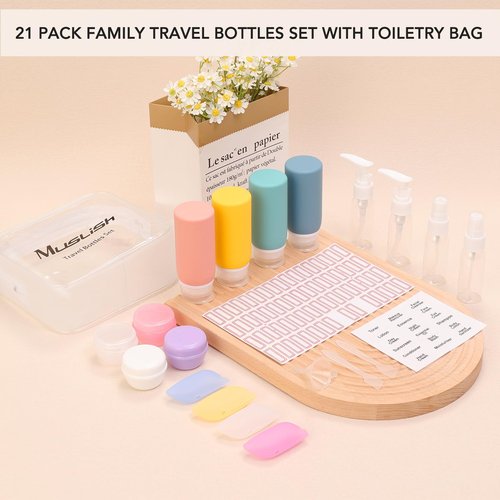 Muslish 21 Pack Travel Bottles for Toiletries, Leak-Proof TSA Compliant Silicone Travel Size Containers for Shampoo and Conditioner, BPA Free with Toiletry Bag (Yellow)