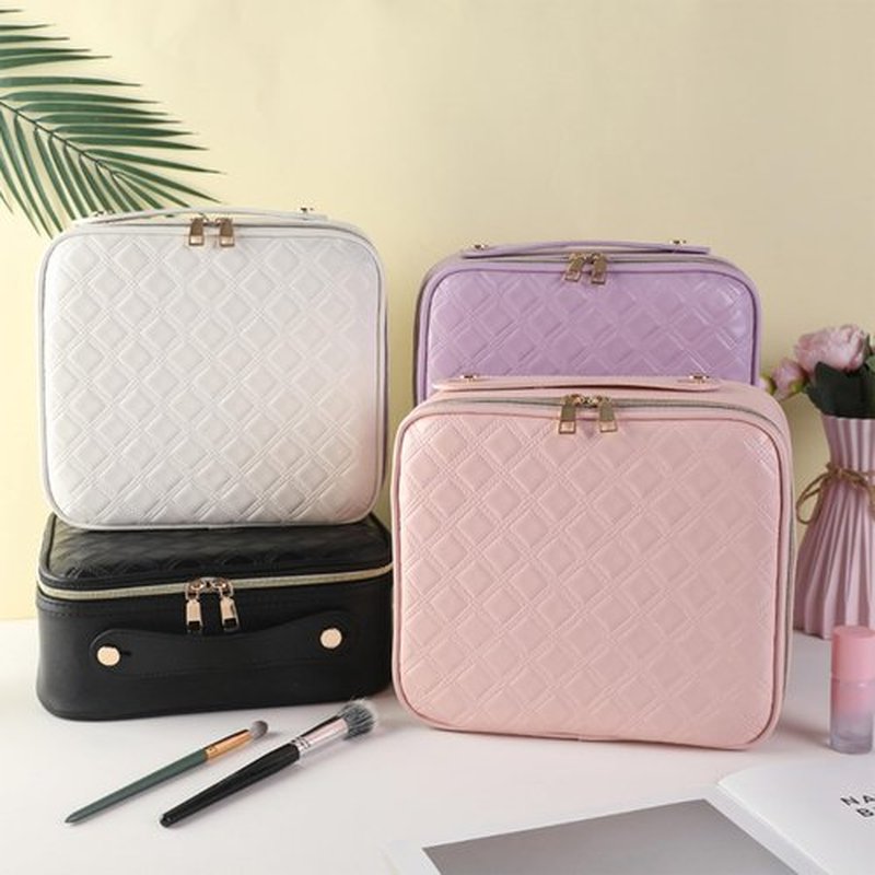 JXAUDEKK Large Capacity Travel Makeup Train Case with LED Mirror,Rechargeable LED Light for Makeup Cosmetic Case with Brushes Storage Organizer,Travel Box Cosmetic Bag for Women (Pu Leather White)