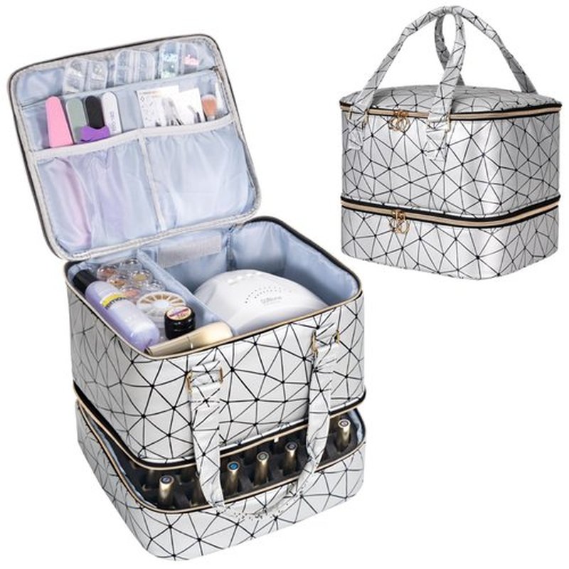 Uross Nail Polish Organizer Bag Holds 42 Bottles Nail Polish & Nail Lamp, Gel Nail Polish Organizers and Storage box for Nail Tech, Nail Kit Supplies Organizer Case - Silver