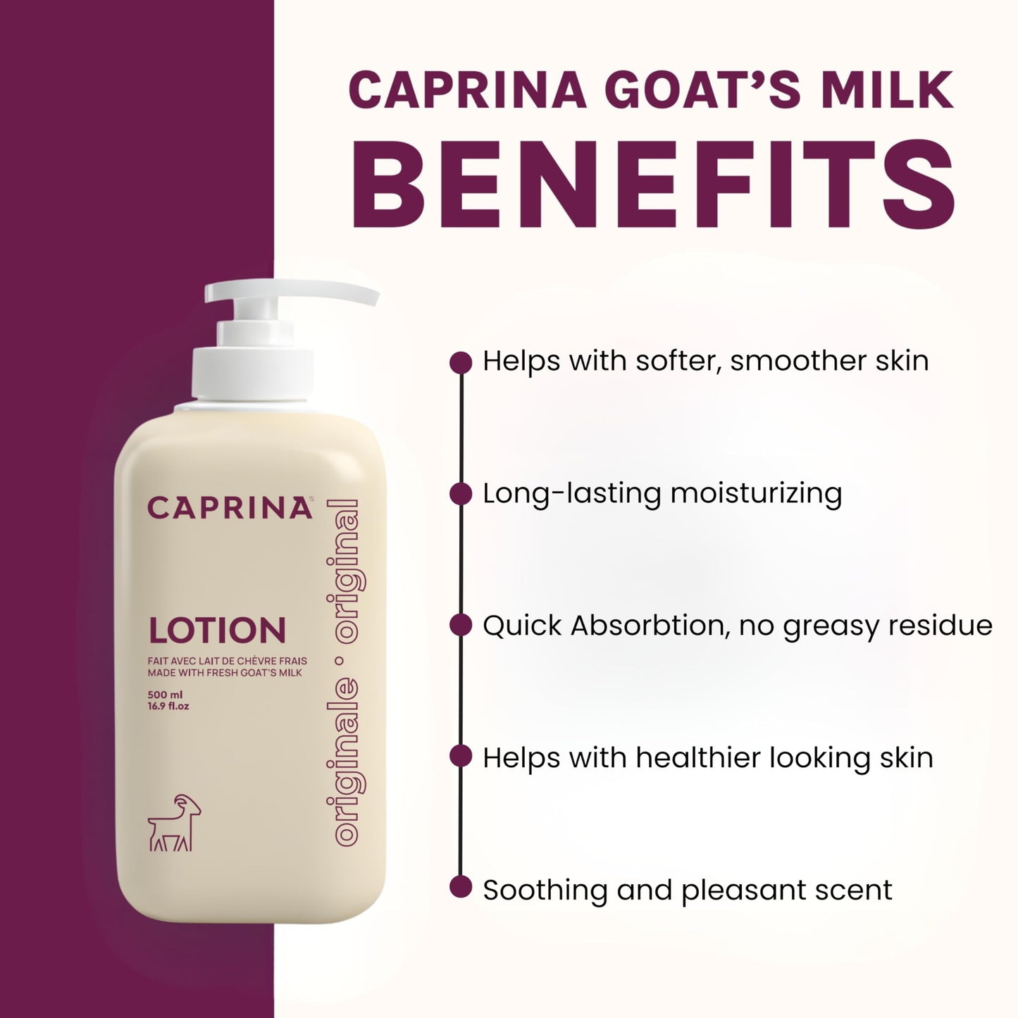 Caprina by Canus Goat Milk Body Lotion, ORIGINAL, 500 ml (16.9 fl oz), Hydrating Daily Moisturizer for Normal to Dry Skin, Fast-Absorbing & Non-Greasy
