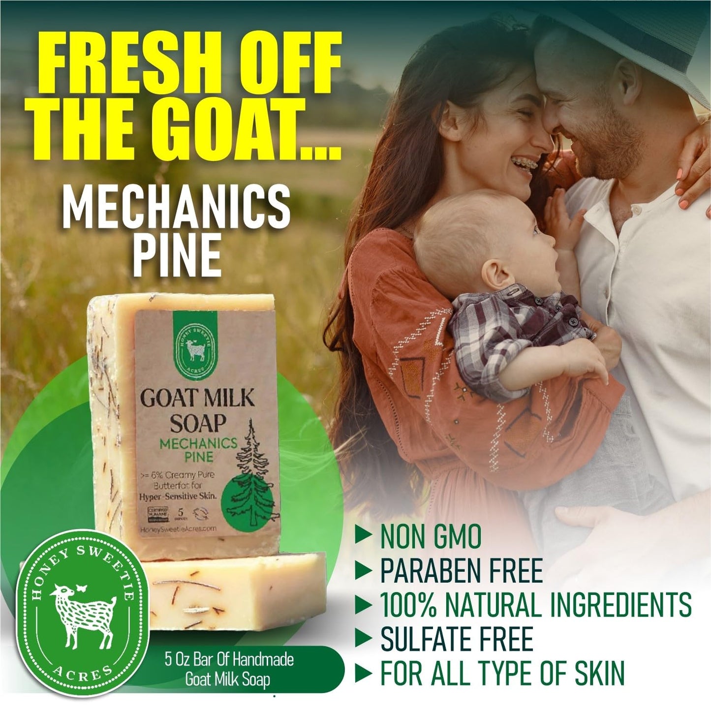 Honey Sweetie Acres Pine Needle Goat Milk Soap - Handmade 5 oz Bar, Made with Natural Ingredients, Moisturizing & Gentle, Made in the USA