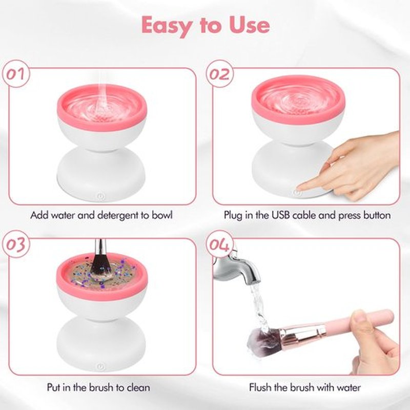 Reiyu Makeup Brush Cleaner Machine, Electric Makeup Brush Cleaner, Automatic Spinning Make Up Brush Cleaner Fit for All Size Makeup Brush（WhitePink）