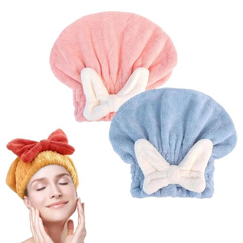 GDSAFS New Super Absorbent Hair Towel Wrap for Wet Hair, Hair Quick Drying Microfiber, Efficient Hair Drying Towel for Women with Bow-Knot, for Women with Long and Thick Hair (2pcs C)
