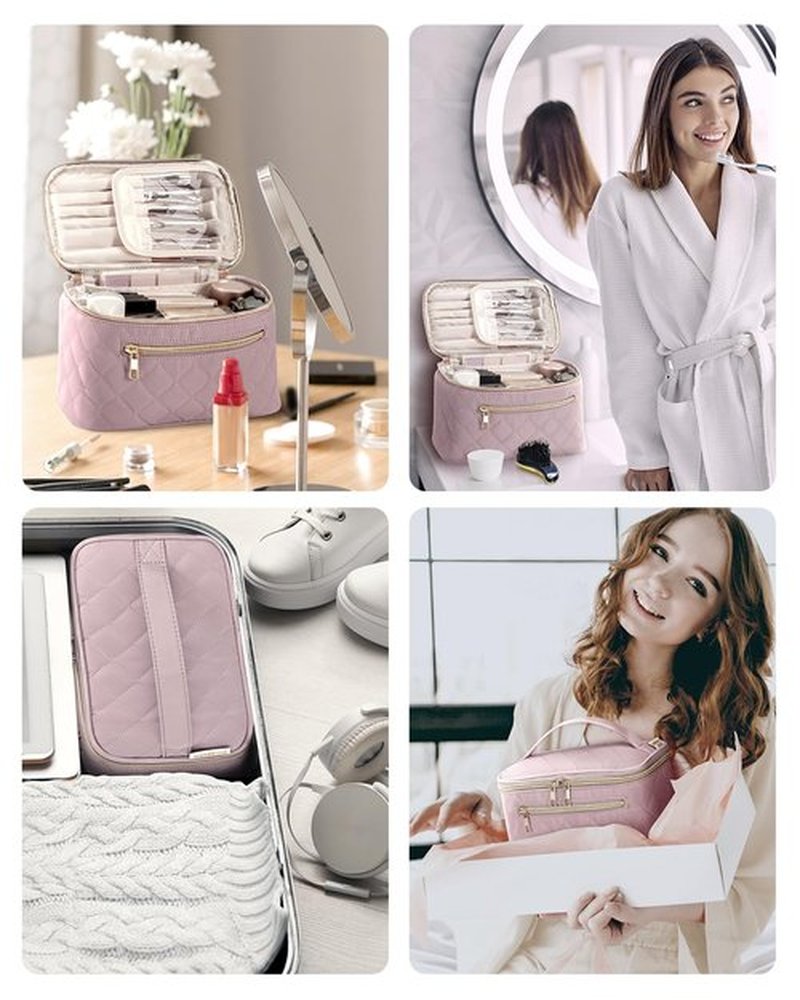 Wandering Nature Makeup Bag, Travel Make Up Organizer Cosmetic Brush Bags Case for Women in Quilted Fabric, Pink(Patent Pending)