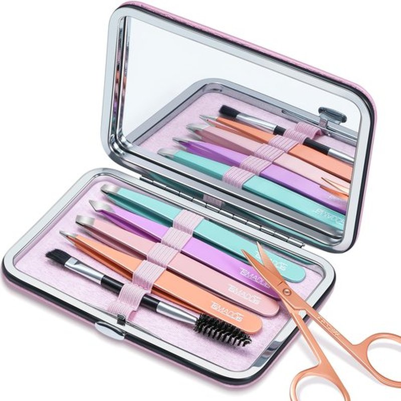 TsMADDTs Tweezers for Women Facial Hair - Precision Tweezers Set with Travel Case - Stainless Steel Tweezers for Eyebrows with Scissors, Mirror