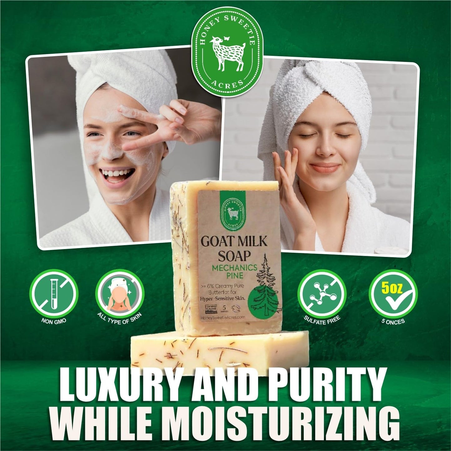 Honey Sweetie Acres Pine Needle Goat Milk Soap - Handmade 5 oz Bar, Made with Natural Ingredients, Moisturizing & Gentle, Made in the USA
