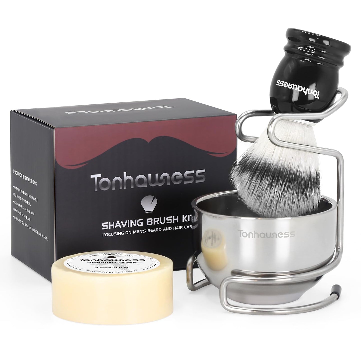 Tonhawness Shaving Brush Kit for Men, 4 in 1 Shaving Brushes Set Includes Nylon Bristle Shave Brush, Shaving Bowl & Stand and Shaving Soap Kit for Men’s Shave Gift