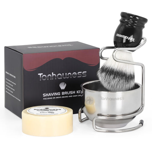 Tonhawness Shaving Brush Kit for Men, 4 in 1 Shaving Brushes Set Includes Nylon Bristle Shave Brush, Shaving Bowl & Stand and Shaving Soap Kit for Men’s Shave Gift