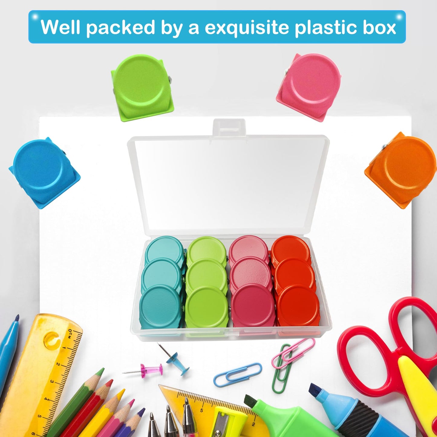 BamLue 12 Pieces Fridge Magnet Clips Plastic Box, Refrigerator Whiteboard Wall Fridge Memo Note Paper Clips, Heavy Duty Metal Magnetic Clip for Photos, Pictures, Papers on Home & Office & Teaching